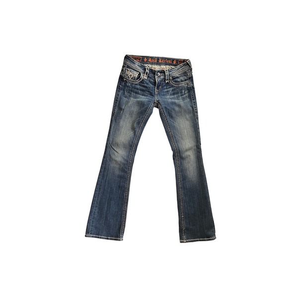 Rock Revival Denim - Rock Revival 3011 Bootcut Jeans Blue Distressed Embroidered Flap Pocket Size 25